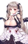  1girl azur_lane bare_shoulders between_breasts black_nails breasts cleavage detached_collar dress formidable_(azur_lane) frilled_dress frills highres interlocked_fingers large_breasts long_hair long_sleeves looking_at_viewer maid nail_polish own_hands_together red_eyes reel37891 silver_hair smile solo twintails upper_body very_long_hair 