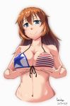  1girl american_flag_bikini artist_name bikini blue_eyes blush breast_hold breasts brown_hair charlotte_e_yeager cleavage closed_mouth collarbone dated eyebrows_visible_through_hair flag_print fumie_umetora highres large_breasts long_hair looking_at_viewer navel shiny shiny_clothes shiny_hair shiny_skin simple_background skindentation smile solo strike_witches swimsuit swimwear upper_body white_background world_witches_series 