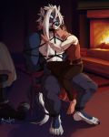  2019 5_fingers 5_toes anthro arms_tied barefoot black_nose blue_eyes blue_fur bound brown_hair canid canine canis chair clothed clothing detailed_background digital_media_(artwork) fingers fire fireplace fur gag gagged green_eyes hair half-closed_eyes hands_behind_back hazakyaracely hi_res human human_on_anthro inside interspecies legs_tied male male/male mammal multicolored_fur muscular muscular_male rope rope_gag sitting smile submissive submissive_male tan_skin teeth toes topless two_tone_fur white_fur wolf wood 