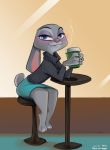  anthro beverage blue_eyes bottomwear caliosidhe chair clothing disney ears_down eyewear female glasses hi_res holding_object inside lagomorph leporid looking_at_viewer mammal mistermead pivoted_ears rabbit sitting skirt smile solo stool sweater table topwear violet_hopps zootopia 