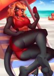  2019 3_toes 5_fingers anthro big_breasts big_butt bikini breasts butt clothed clothing day detailed_background digital_media_(artwork) female fingers hair hi_res horn houndoom lying nintendo on_side outside pok&eacute;mon pok&eacute;mon_(species) rd406 sky solo swimwear toes video_games 