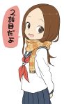  :d absurdres arm_behind_back bangs blue_sailor_collar blue_skirt brown_eyes brown_hair brown_scarf commentary_request forehead fringe_trim highres karakai_jouzu_no_takagi-san long_hair long_sleeves looking_at_viewer looking_to_the_side neckerchief official_art open_mouth parted_bangs pleated_skirt red_neckwear sailor_collar scarf school_uniform serafuku shirt simple_background skirt smile takagi-san translation_request white_background white_shirt yamamoto_souichirou 