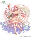  1girl :d bag bare_legs blush bracelet braid breasts cherry_blossoms city_forest_online cleavage copyright_name dress dress_flower fish flower flower_knight_girl full_body green_eyes hair_flower hair_ornament heterochromia jewelry large_breasts long_hair looking_at_viewer object_namesake official_art open_mouth pink_dress pink_hair red_eyes sakura_(flower_knight_girl) sandals simple_background smile solo standing standing_on_one_leg white_background 