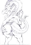  2019 4_fingers against_wall anthro anus asian_mythology backsack balls bedroom_eyes belly_scales belt biped black_and_white butt claws clothing dragon ear_tuft east_asian_mythology eastern_dragon eyebrows facial_hair fafnir_(little_witch_academia) fafnir_(lwa) fingers fur furred_dragon goatee graphite_(artwork) half-closed_eyes hand_on_butt hi_res hopelesshighschool horn little_witch_academia long_neck long_tail looking_at_viewer looking_back male mane mature_male monochrome mostly_nude mythology pencil_(artwork) perineum presenting presenting_anus presenting_hindquarters rear_view robe robe_only scales seductive simple_background smile snout solo spread_butt spreading standing studio_trigger teeth thick_eyebrows traditional_media_(artwork) tuft white_background 
