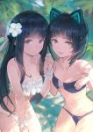  2girls animal_ears bangs bare_shoulders bikini black_hair blue_bikini blue_eyes blue_hair blue_nails blunt_bangs blush breasts cat_ears closed_mouth collarbone commentary cowboy_shot day flower gems_company gigapuri green_hair green_nails hair_flower hair_ornament hase_mikoto holding_hands interlocked_fingers long_hair medium_breasts mizushima_aoi_(virtual_youtuber) multicolored_hair multiple_girls nail_polish open_mouth outdoors short_hair small_breasts sweat swimsuit two-tone_hair very_long_hair virtual_youtuber white_bikini white_flower wrist_cuffs yellow_eyes 