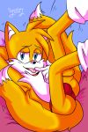  2019 2_tails absurd_res anthro bedroom_eyes blue_eyes bulge canid canine clothing dipstick_tail finger_lick fox fur gloves half-closed_eyes handwear hi_res legwear licking looking_at_viewer lying male mammal miles_prower multi_tail multicolored_tail orange_fur seductive signature socks solo sonic_(series) syaokitty teasing thong tongue tongue_out white_fur 
