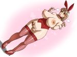  1girl animal_ears areolae bare_shoulders blush bottomless breasts brown_hair bunny_ears bunnysuit censored cleavage doomcomic dutch_angle erection flying_sweatdrops futanari green_eyes high_heels large_breasts long_hair mosaic_censoring nipples open_mouth original penis red_footwear red_legwear solo testicles thighhighs tongue tongue_out topless urethral_beads wrist_cuffs 