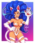 1girl animal_ears big_hair blue_hair breasts cat_ears cat_girl cat_tail claws cleavage dated fangs felicia fur gradient gradient_background highres long_hair medium_breasts navel open_mouth paws signature smile solo taggo tail vampire_(game) very_long_hair white_fur 