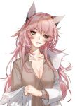  1girl animal_ears bags_under_eyes breasts cat_ears cleavage commentary_request girls_frontline labcoat long_hair messy_hair persica_(girls_frontline) pink_hair red_eyes shirt smile solo uhhgaoh 
