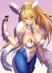  1girl animal_ears artoria_pendragon_(all) artoria_pendragon_(swimsuit_ruler)_(fate) bangs bare_shoulders blonde_hair blue_legwear blue_neckwear blush braid breasts bunny_ears bunnysuit card collarbone detached_collar fate/grand_order fate_(series) feather_boa fishnet_pantyhose fishnets french_braid gradient green_eyes hair_between_eyes highleg highleg_leotard holster large_breasts leotard long_hair looking_at_viewer navel navel_cutout necktie open_mouth pantyhose pink_background playing_card ponytail sidelocks smile solo tako_seijin thigh_strap thighs tiara white_leotard wrist_cuffs 