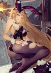  1girl absurdres animal_ears ass back backless_outfit bare_arms bare_back black_leotard blonde_hair blush bow breasts bunny_ears bunny_girl bunnysuit cubies_(tiger_205) detached_sleeves eyebrows_visible_through_hair eyewear_on_head fake_animal_ears furrowed_eyebrows girls_frontline green_eyes gun hair_between_eyes half-closed_eyes highleg highleg_leotard highres kneeling large_breasts leotard long_hair looking_at_viewer m1918_bar m1918_bar_(girls_frontline) machine_gun necktie no_shoes open_mouth sideboob solo strapless strapless_leotard sunglasses toes torn_clothes torn_legwear torn_leotard very_long_hair weapon wrist_cuffs 