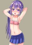  1girl adjusting_hair akebono_(kantai_collection) bangs bikini blue_skirt blush breasts eyebrows_visible_through_hair fang frilled_bikini frills grey_background kantai_collection long_hair mitsuki_yuuya navel nose_blush open_mouth pleated_skirt ponytail purple_eyes purple_hair simple_background skirt small_breasts solo standing swimsuit swimsuit_under_clothes 