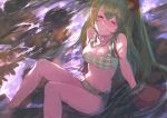  1girl animal_ears animare bangs bare_shoulders barefoot bear_ears bear_paws bikini blush breasts cleavage closed_eyes day facing_viewer feet_out_of_frame gigapuri gloves green_bikini green_eyes green_hair grin hinokuma_ran knees_up large_breasts long_hair navel outdoors partially_submerged paw_gloves paws river sitting smile solo swimsuit thighs very_long_hair virtual_youtuber 