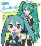  2girls aqua_eyes aqua_hair aqua_neckwear bare_shoulders big_head black_legwear black_skirt chair detached_sleeves eighth_note grey_shirt hair_brushing hair_ornament hands_on_own_knees hatsune_miku headphones hekopon highres holding_brush long_hair mikudayoo multiple_girls musical_note necktie open_mouth shirt sitting sketch skirt sleeveless sleeveless_shirt smile standing thighhighs translated twintails very_long_hair vocaloid zettai_ryouiki 