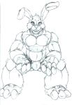  2019 3_toes 4_fingers animatronic anthro big_hands biped black_and_white bonnie_(fnaf) buckteeth bulge butt_from_the_front featureless_crotch fingers five_nights_at_freddy&#039;s floppy_ears front_view frown full-length_portrait fur graphite_(artwork) hi_res hopelesshighschool lagomorph leporid looking_at_viewer machine male mammal monochrome muscular muscular_male nude pecs pencil_(artwork) portrait rabbit robot simple_background sitting solo teeth toes traditional_media_(artwork) video_games white_background 
