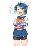  +++ 1girl bag bike_shorts blue_hair blue_ribbon blue_skirt chips commentary_request eyebrows_visible_through_hair eyes_visible_through_hair fang food fukae_(kantai_collection) gloves gradient_hair hair_between_eyes hair_ornament hat highres holding holding_food kantai_collection multicolored_hair open_mouth pleated_skirt potato_chips ribbon ryuun_(stiil) sailor_collar school_uniform serafuku shirt short_hair short_sleeves side_ponytail sidelocks skindentation skirt smile solo translated white_gloves white_headwear white_shirt 