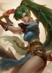  1girl artist_name bangs belt black_shorts breasts closed_mouth earrings fingerless_gloves fire_emblem fire_emblem:_the_blazing_blade gloves green_eyes green_hair highres holding holding_sword holding_weapon jewelry lips long_hair lyn_(fire_emblem) medium_breasts pelvic_curtain ponytail raikoart shiny shiny_hair short_sleeves shorts signature simple_background solo sword tied_hair weapon weapon_on_back 