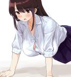  1girl :o blue_skirt bra bra_peek breasts brown_eyes brown_hair button_gap collared_shirt commentary_request dress_shirt exercise hair_ornament hairclip kaisen_chuui large_breasts long_hair looking_down open_mouth original pleated_skirt push-ups school_uniform shadow shirt shirt_tucked_in skirt solo sweat underwear white_bra white_shirt 