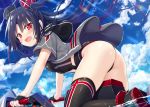  1girl ass azur_lane bent_over black_hair black_legwear blush cloud cloudy_sky commentary_request fingerless_gloves gloves hat jacket long_hair looking_at_viewer open_mouth red_eyes side_ponytail sky solo swimsuit thighhighs u-73_(azur_lane) watercraft yano_mitsuki 