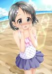  1girl bangs bare_arms bare_shoulders beach black_eyes black_hair blue_skirt blue_sky blush bunny_hair_ornament camisole cloud cloudy_sky collarbone day eyebrows_visible_through_hair fingernails hair_ornament hairclip hands_on_own_face hands_up highres horizon idolmaster idolmaster_cinderella_girls nose_blush ocean open_mouth outdoors pleated_skirt polka_dot polka_dot_camisole regular_mow sand sasaki_chie skirt sky solo standing water white_camisole 