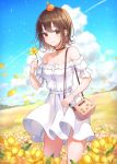  1girl artist_name bag bare_shoulders blue_sky breasts brown_eyes brown_hair choker cleavage closed_mouth cloud cloudy_sky collarbone condensation_trail day dress flower food food_on_head fruit_on_head highres holding holding_flower looking_at_viewer meadow medium_breasts object_on_head off-shoulder_dress off_shoulder original petals short_hair short_sleeves shoulder_bag sky smile solo soyubee sparkle standing white_dress yellow_flower 