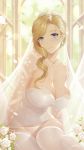  1girl alexiel_(pixiv6211566) azur_lane bangs bare_shoulders blonde_hair blue_eyes blush breasts bridal_veil bride cleavage dress earrings elbow_gloves flower gloves hair_over_shoulder highres hood_(azur_lane) jewelry large_breasts long_hair looking_at_viewer necklace panties pearl_necklace sidelocks signature sitting smile solo thighs underwear veil wavy_hair wedding white_dress white_legwear white_panties yokozuwari 