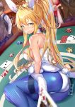  2girls 3boys ahoge animal_ears artoria_pendragon_(all) artoria_pendragon_(swimsuit_ruler)_(fate) ass bangs bare_shoulders blonde_hair blue_legwear blush breasts bunny_ears bunnysuit casino_card_table cleavage detached_collar eric_(pixiv9123557) eyebrows_visible_through_hair fate/grand_order fate_(series) feather_boa fishnets green_eyes hair_between_eyes highres large_breasts leotard long_hair looking_at_viewer multiple_boys multiple_girls necktie pantyhose ponytail sidelocks solo_focus thighband_pantyhose white_leotard wrist_cuffs 