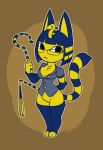  2015 3_toes animal_crossing ankha_(animal_crossing) armwear blue_hair bottomless breasts brown_background cane cleavage clothed clothing dakkpasserida domestic_cat eyewear felid feline felis female frown fur glasses hair holding_object legwear looking_at_viewer mammal nintendo outline shirt simple_background solo striped_tail stripes toes topwear uraeus video_games whip yellow_fur 