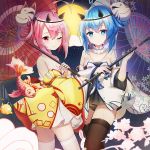  2girls ahoge azur_lane bare_shoulders bird black_legwear black_panties blue_eyes blue_hair breasts chick choker cleavage closed_eyes cloud commentary_request cowboy_shot detached_sleeves fish floral_print fox_mask full_moon holding holding_umbrella horns ikazuchi_(azur_lane) inazuma_(azur_lane) japanese_clothes kimono koi kuaua long_hair long_sleeves looking_at_viewer manjuu_(azur_lane) mask mask_on_head medium_breasts mid-autumn_festival moon motion_lines multiple_girls night night_sky one_eye_closed oriental_umbrella panties pink_hair red_eyes short_kimono sidelocks sky smile standing strapless thighhighs umbrella underwear white_kimono white_legwear wide_sleeves yellow_kimono zettai_ryouiki 