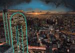  building car city cityscape cloud ferris_wheel ground_vehicle hai_to_hickory highres highway horizon motor_vehicle no_humans original real_world_location road roller_coaster scenery sky skyscraper sun sunset 