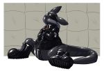  2019 alpha_channel anthro bdsm blindfold bondage boots bound clothing collar digital_drawing_(artwork) digital_media_(artwork) dog_tags footwear gas_mask glistening hi_res kangaroo lock long_tail macropod male mammal marsupial mask padded_cell rubber simple_background solo straitjacket tallarra tubes 