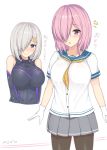  2girls armor artist_request blue_eyes blush bodysuit breasts buttons cosplay crossover fate/grand_order fate_(series) gloves hair_ornament hair_over_one_eye hairclip hamakaze_(kantai_collection) highres kantai_collection large_breasts lavender_hair looking_at_viewer mash_kyrielight multiple_girls open_mouth pantyhose purple_eyes shirt short_hair silver_hair skirt smile translation_request upper_body white_gloves white_shirt 