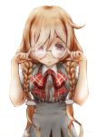  1girl bangs blush bow bowtie braid breasts cloud_hair_ornament glasses hair_ornament highres kantai_collection light_brown_hair long_hair low_twin_braids minegumo_(kantai_collection) open_mouth plaid_neckwear puffy_short_sleeves puffy_sleeves red_neckwear round_eyewear school_uniform short_sleeves simple_background skirt solo suspender_skirt suspenders twin_braids white_background y0m1tsuna 