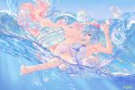  1girl :d arm_up armpits artist_name atdan bare_arms bare_shoulders barefoot blue_eyes blue_hair blue_sky breasts commentary cup dress fantasy glass haiyi hand_up hat holding holding_cup jellyfish leg_up looking_at_viewer medium_breasts ocean open_mouth outdoors partially_underwater_shot pouring short_hair sidelocks sky smile solo strapless strapless_dress synthesizer_v teacup teapot thighs water waves white_dress 