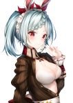  1girl animal_ears atelier_(series) atelier_sophie bangs blue_hair blush braid breasts brown_shirt bunny_ears cleavage closed_mouth collared_shirt commentary_request earrings eyebrows_visible_through_hair hair_ribbon hand_up heart heart_earrings highres index_finger_raised jewelry juliet_sleeves long_sleeves looking_at_viewer medium_breasts open_clothes open_shirt parted_bangs ponytail puffy_sleeves red_eyes red_ribbon ribbon shiero. shirt simple_background single_earring smile solo tess_heitzmann upper_body white_background 