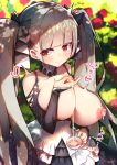  1girl aianchor azur_lane bangs bare_shoulders between_breasts black_dress blush breasts breasts_outside cleavage cup day dress earrings eyebrows_visible_through_hair formidable_(azur_lane) frilled_dress frills hair_ornament hair_ribbon holding holding_cup jewelry lactation large_breasts light_brown_hair long_hair long_sleeves looking_at_viewer red_eyes ribbon solo teacup twintails 