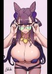 1girl adjusting_eyewear bangs bikini blush breasts brown_hair cleavage double_bun fate/grand_order fate_(series) hair_between_eyes hair_ornament jewelry large_breasts leaning_forward long_hair looking_at_viewer murasaki_shikibu_(fate) navel necklace open_mouth purple_bikini purple_eyes qblade smile solo sunglasses swimsuit thighs two_side_up 