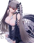  1girl all_fours azur_lane bangs bare_shoulders between_breasts black_dress breasts cleavage closed_mouth collarbone commentary_request detached_sleeves dress earrings eyebrows_visible_through_hair formidable_(azur_lane) frilled_dress frills hair_ribbon highres jewelry large_breasts long_hair long_sleeves looking_at_viewer moruga red_eyes ribbon simple_background solo twintails very_long_hair white_background 