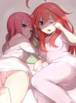  2girls ahoge ass bangs bed_sheet blue_eyes blush breasts collarbone eyebrows_behind_hair go-toubun_no_hanayome hair_between_eyes highres ichijou_(kr_neru0) long_hair lying medium_breasts multiple_girls nakano_ichika nakano_itsuki no_shoes on_side on_stomach one_eye_closed open_mouth pajamas panties pants parted_lips pillow pillow_hug pink_hair pink_legwear pink_panties pink_pants pink_shirt red_hair shirt short_sleeves socks soles striped striped_pants striped_shirt underwear 