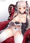  1girl azur_lane bangs bare_shoulders between_breasts black_dress blush bow bow_panties breasts cleavage collarbone dress dress_lift embarrassed eyebrows_visible_through_hair formidable_(azur_lane) frilled_dress frills grey_hair hair_ribbon large_breasts lifted_by_self long_hair long_sleeves looking_at_viewer open_mouth panties red_eyes ribbon signature sitting solo thighhighs torimaru twintails underwear very_long_hair white_legwear white_panties 