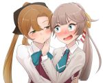  2girls akigumo_(kantai_collection) blazer bow bowtie brown_hair commentary_request eye_contact green_eyes green_neckwear hair_ribbon jacket kantai_collection kazagumo_(kantai_collection) long_hair looking_at_another multiple_girls namiki_kojiro necktie o3o ponytail puckered_lips remodel_(kantai_collection) ribbon school_uniform shirt silver_eyes simple_background upper_body wavy_mouth white_background white_shirt 