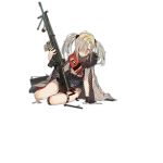  1girl bangs black_gloves blush closed_mouth coat cross full_body girls_frontline glasses gloves grey_hair gun hair_ornament hair_over_one_eye hk21_(girls_frontline) holding holding_gun holding_weapon jewelry leaning leaning_to_the_side legs long_hair looking_at_viewer machine_gun on_floor purple_eyes red_scarf round_eyewear scarf shells sitting sleeveless solo thigh_strap torn_clothes transparent_background twintails weapon xiao_chichi 