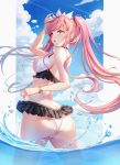 1girl absurdres ass bangs bare_shoulders bikini blue_sky blush breasts cloud day fate/grand_order fate_(series) floating_hair from_behind highres lalazyt long_hair looking_at_viewer looking_back medb_(fate)_(all) medb_(swimsuit_saber)_(fate) medium_breasts open_mouth outdoors pink_hair revision sky solo swimsuit tiara twintails very_long_hair wading white_bikini yellow_eyes 