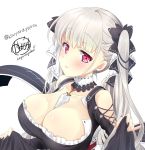  1girl artist_name azur_lane black_dress blush breasts cleavage collared_dress commentary_request dress earrings eyebrows_visible_through_hair formidable_(azur_lane) frilled_dress frills hair_between_eyes hair_ribbon highres holding_dress jewelry kayura_yuka large_breasts looking_at_viewer looking_to_the_side nail_polish red_eyes ribbon signature silver_hair simple_background skirt skirt_lift solo twintails upper_body white_background 