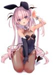  1girl :o animal_ears arm_up armpits bare_shoulders black_gloves black_leotard breasts brown_legwear bunny_ears bunnysuit covered_navel demon_girl demon_tail elbow_gloves fake_animal_ears fang gloves hairband high_heels kedama_milk leotard long_hair looking_at_viewer open_mouth original pantyhose pink_hair pointy_ears purple_eyes red_footwear sakyumama_(kedama_milk) seiza shadow sidelocks simple_background single_glove sitting small_breasts solo tail two_side_up very_long_hair white_background wrist_cuffs 