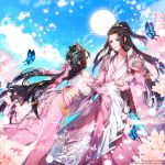  1boy 1girl apple_caramel black_hair blue_butterfly blue_eyes blue_sky bow breasts bubble cherry_blossoms cloud day glint hair_ornament hetero highres holding_hands leaning_forward long_hair long_sleeves medium_breasts official_art pink_bow pink_butterfly ponytail sidelocks sky smile standing sun tanabata very_long_hair watermark white_butterfly wide_sleeves 