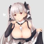  1girl azur_lane bangs bare_shoulders between_breasts bit_(keikou_syrup) black_dress blush breasts cleavage dress earrings eyebrows_visible_through_hair formidable_(azur_lane) frilled_dress frills grey_background grey_hair hair_ornament hair_ribbon hand_up heart highres jewelry large_breasts long_hair long_sleeves looking_at_viewer red_eyes ribbon simple_background skirt_hold smile solo twintails 