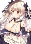  1girl apron artist_name azur_lane bangs bare_shoulders black_bow black_dress blush bow breasts cleavage commentary_request cowboy_shot dress ear_piercing eyebrows_visible_through_hair formidable_(azur_lane) frills grey_hair hair_bow heart highres large_breasts long_hair long_sleeves looking_at_viewer nenobi_(nenorium) parted_lips piercing red_eyes shoulder_cutout signature simple_background skirt_hold solo standing translated twintails white_apron white_background 