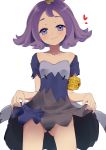  :3 acerola_(pokemon) armlet ass_visible_through_thighs bare_shoulders blue_eyes closed_mouth collarbone commentary_request cowboy_shot dress dress_lift elite_four flipped_hair hair_ornament hairclip heart highres lemonolemone lifted_by_self looking_at_viewer multicolored multicolored_clothes multicolored_dress no_panties off_shoulder partially_visible_vulva pokemon pokemon_(game) pokemon_sm purple_hair short_hair short_sleeves simple_background smile stitches trial_captain white_background 