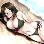  1girl bangs beach bikini black_hair blue_eyes breasts cleavage collarbone commentary_request girls_und_panzer green_bikini large_breasts long_hair lying nakahira_guy navel nonna on_side outdoors side-tie_bikini solo swept_bangs swimsuit waves wet wet_clothes wet_swimsuit 